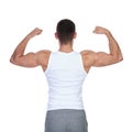 Back view of strong man in undershirt flexing his biceps Royalty Free Stock Photo