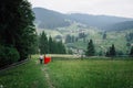 Back view of the stylish loving couple holding hands while walking along the path in the green mountains. No face. Royalty Free Stock Photo