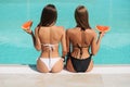 Back view of stylish women in swimsuits sitting and chilling with fruits near the pool. Tropical vacation. Summer mood. Royalty Free Stock Photo