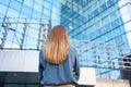 Back view woman looking business building Royalty Free Stock Photo