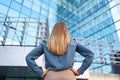 Back view woman looking business building Royalty Free Stock Photo