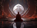 back view of techno-monk meditating in a futuristic temple