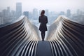 Back view of thoughtful young businesswoman standing on abstract wave staircase on city background. Generative AI.