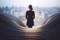 Back view of thoughtful young businesswoman standing on abstract wave staircase on city background. Generative AI.