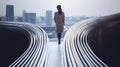 Back view of thoughtful young businesswoman standing on abstract Royalty Free Stock Photo