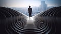 Back view of thoughtful young businesswoman standing on abstract wave staircase on city background. Career, success and growth