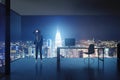 Back view of thoughtful young european businesswoman in modern glass office interior looking at illuminated night city. Success Royalty Free Stock Photo