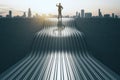 Back view of thoughtful  man standing on abstract wave staircase on city background. Career, success and growth concept Royalty Free Stock Photo