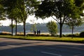 Back view of three men running on bicycle path along the Champlain Boulevard Royalty Free Stock Photo