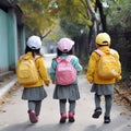 Back view of a three school girls wearing backpack outside the primary school. schoolgirl, elementary school student