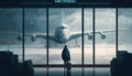 Back view to person looking through airport window to plane in rain, flight delay due bad weather