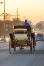 Back view of tourist antique carriage rides crossing the bridge in St.Petersburg at sunset