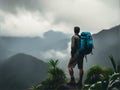 back view of a tourist with a backback, blurred distant rainforest and mountains background Royalty Free Stock Photo