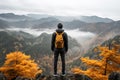 back view tourist hiker in autumn misty mountains