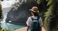 back view,Tourist woman with backpack at vacation in bali.generative AI