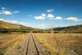 Back view on the train ride in the Eastern Express, Dogu Ekspresi from Kars to Ankara, endless train tracks are running through