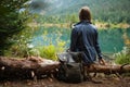 Back view of travel woman siting on deadwood near amazing lake on coniferous forest background. Concept of mountains trip.