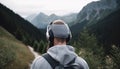 Back view Traveler Man on a journey in headphones in the mountains in nature meditates, relaxes and takes care of mental