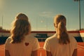 back view of two girls with hearts tennis court against blue sky, Female tennis players playing, rear view, AI Generated Royalty Free Stock Photo