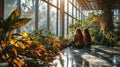 Back view of two girls sitting on the floor and looking at the plants in green office