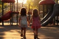 Two Girls Holding Hands Walking Towards Playground