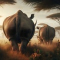 Back view of two rhinos in African savannah Royalty Free Stock Photo
