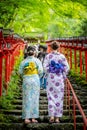 Back view of woman wearing Japanese yukata summer kimono Royalty Free Stock Photo