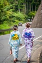 Back view of woman wearing Japanese yukata summer kimono