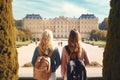 Back view of two young female friends with backpacks standing in front of Belvedere palace in Vienna, Austria, Female tourists