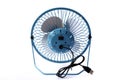 The back view of a universal serial bus powered blue portable table fan