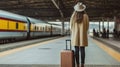 Back view of unrecognizable female traveler in stylish outfit standing with suitcase on platform of railway station. Generative AI