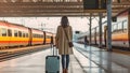 Back view of unrecognizable female traveler in stylish outfit standing with suitcase on platform of railway station. Generative AI