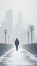 Anonymous person waking on bridge in snowstorm in city