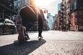 Back view on urban runner in start pose on city street Royalty Free Stock Photo