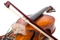 Back view of a violin with bow on strings Royalty Free Stock Photo