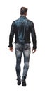 back view of walking young man in leather jacket and jeans, isolated on white. Transparent PNG