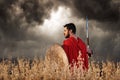 Back view of warrior wearing in red cloak like spartan. Royalty Free Stock Photo