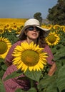 Back view of woman in hat looking at sunflower Royalty Free Stock Photo