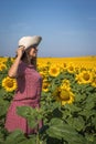 Back view of woman in hat looking at sunflower Royalty Free Stock Photo