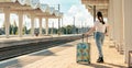 Back view of woman holding her luggage and waiting departure. Train station is in background. Copy space. Web banner of Royalty Free Stock Photo