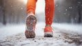 Fitness, sport, and healthy lifestyle concept - close up of female feet running along winter road and snow Royalty Free Stock Photo