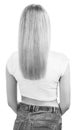 Back view of woman with long blond hair, isolated on white. Royalty Free Stock Photo