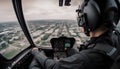 Back view Woman pilot in the cockpit of a helicopter in flight with a view of the city from above, AI generated