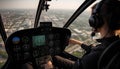 Back view Woman pilot in the cockpit of a helicopter in flight with a view of the city from above, AI generated Royalty Free Stock Photo