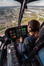 Back view Woman pilot in the cockpit of a helicopter in flight with a view of the city from above, AI generated