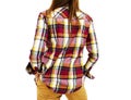 Back view of woman in plaid shirt