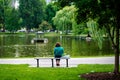 Back view of a woman sitting alone on a bench facing a lake in Boston Commons public park Royalty Free Stock Photo