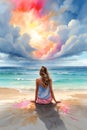 Back view of a woman sitting on the beach, looking out over the ocean, under a colorful cloudy sky at sunset. Royalty Free Stock Photo