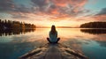 back view of a woman sitting at a beautiful german lake generative AI