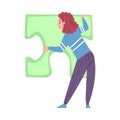 Back View of Woman Solving Jigsaw Puzzle, Girl Trying to Connect Big Green Puzzle Element Cartoon Style Vector Royalty Free Stock Photo